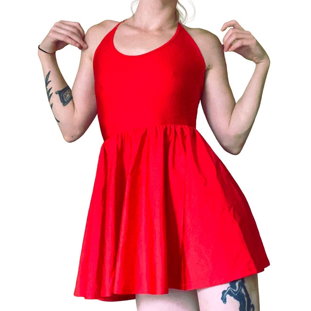 Red Nylon Tricot Skater Dress | American Apparel M